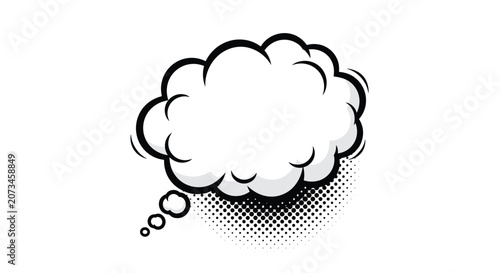 Blank white comic book thought bubble or dream cloud with dark halftone dot shadow on white background.