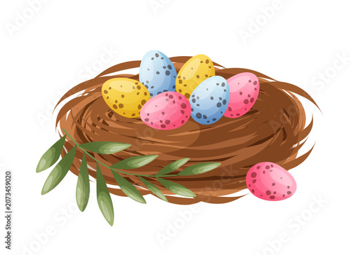 Bird nest with speckled quail eggs and green leaves. Soft pastel flat vector style. Spring festive decorative object. Perfect for Easter greeting cards, invitations, packaging, seasonal branding, web