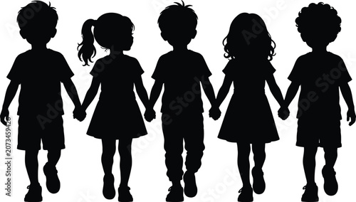 Five children holding hands silhouette back view friendship and unity concept