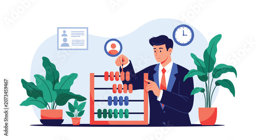 Focused business accountant calculating financial statistics using a large wooden red abacus in a bright office space.