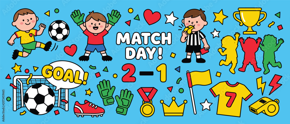 Fototapeta premium Football Match Day Kids Doodle Sticker Set with Soccer Players Goal Trophy Icons on Blue Background