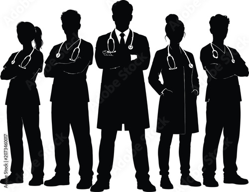 Diverse medical team silhouette doctors nurses and healthcare professionals standing together