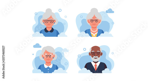 Collection of diverse elderly person avatars representing senior citizens of different ethnicities with glasses and varied hairstyles.