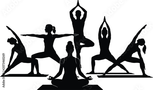Silhouette group fitness class yoga poses and wellness concept