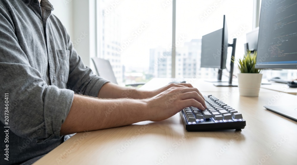 Fototapeta premium Programmer typing on custom mechanical keyboard sitting at wooden office desk with monitors