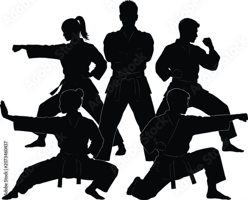 Martial arts team silhouette dynamic poses for sports and fitness graphics