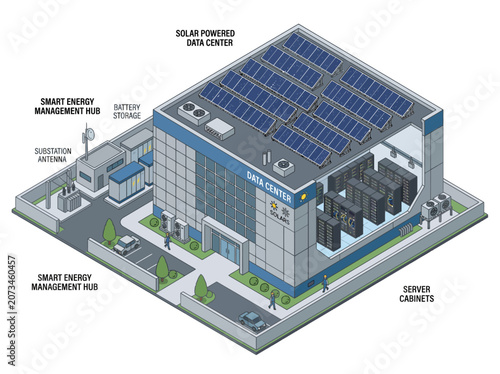 Billede på lærred Modern Solar-Powered Data Center Building with Sustainable Energy Technology Iso