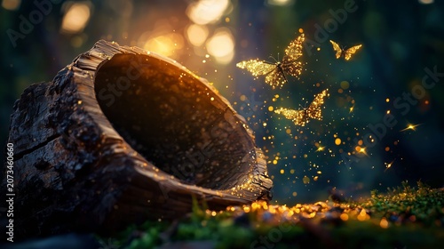 Magical golden butterflies flying out of a rustic wooden log in enchanted forest