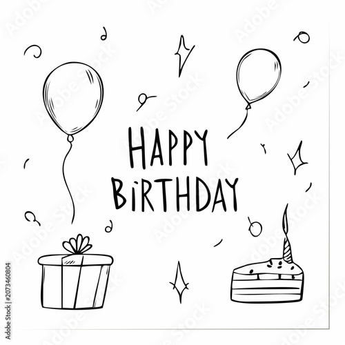 A black and white illustration of a birthday card with balloons and gifts.