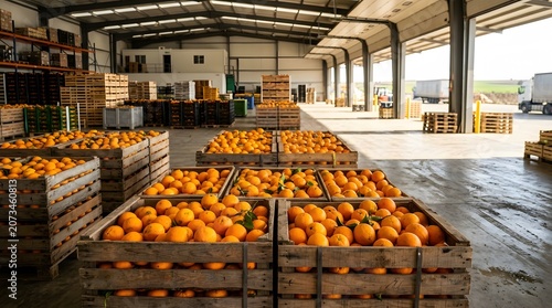 Fresh Oranges Stored in Modern Agricultural Warehouse Facility