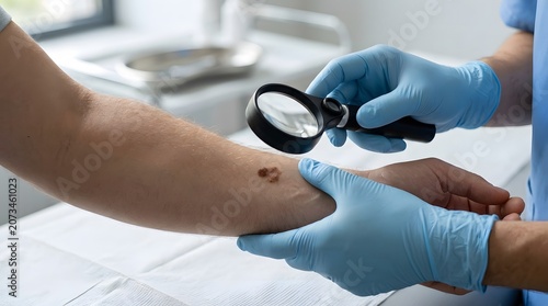 Medical Professional Examining Skin with Magnifying Glass in Clinic