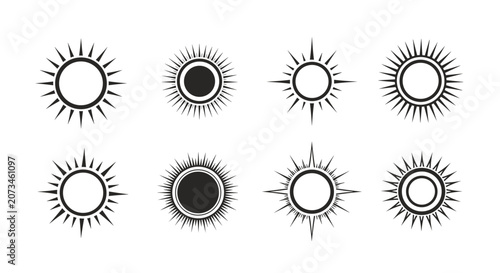 Collection of eight sun icons in black ink style with different artistic ray designs for decorative or mystical use.