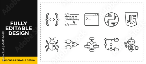 Photos flat vector illustration line art icon bundle set design showcasing programming