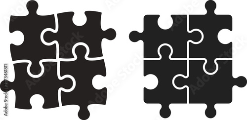 Photos Two black four piece jigsaw puzzles isolated on white connection and problem sol