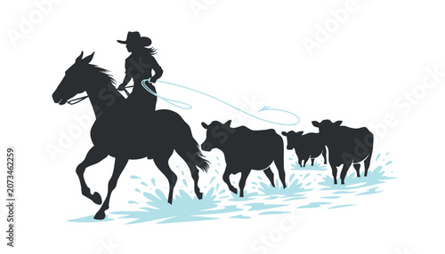 Cowgirl Guiding Cattle Through River Crossing Silhouette