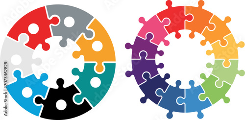 Obraz na płótnie Two circular puzzle pieces arrangements with vibrant color schemes teamwork and