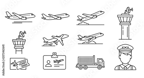 Schilderij op canvas Collection of Line Icons Representing Aviation and Airport Operations, Including Airplanes, Control Towers, and Personnel