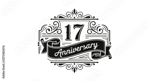 Billede på lærred Elegant vintage emblem celebrating a 17th anniversary with ornate scrollwork and a banner