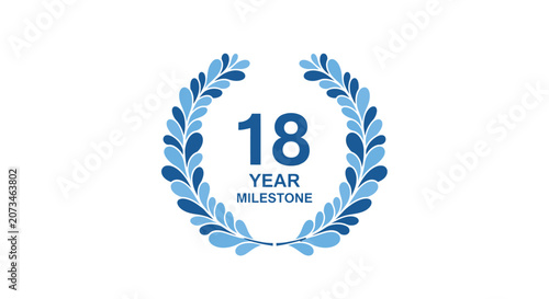 Blue 18 Year Milestone Anniversary Emblem with Laurel Wreath on Isolated White Background, Celebratory Eighteen Years Logo Vector