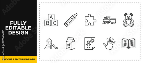 flat vector illustration line art icon bundle set design of kindergarten toys alphabet blocks puzzle train teddy bear slide baby drawing handprint for education ui