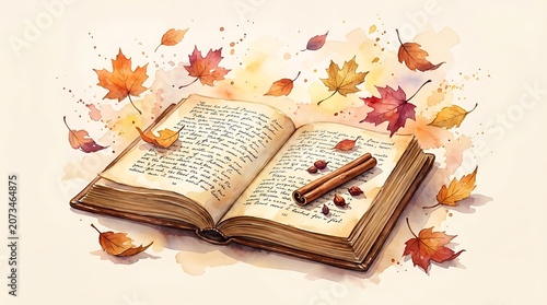 Open vintage book surrounded by colorful autumn leaves and cinnamon sticks