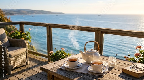 A peaceful morning tea setup on a wooden deck overlooking the ocean