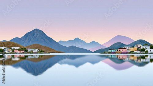 Pastel Mountain Lake Village Reflection at Calm Twilight