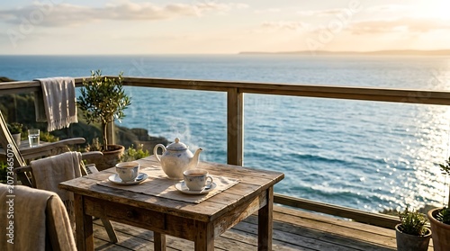 A peaceful morning tea setup on a wooden balcony overlooking the ocean