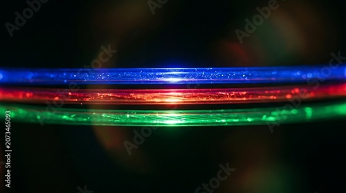 Closeup of glowing blue, red, and green fiber optic cables