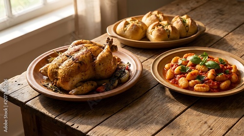Roasted chicken with gnocchi and bread rolls on a rustic wooden table