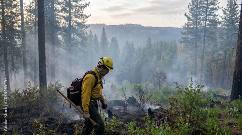 National Wildland Firefighter Day A dedicated firefighter walks through a smoky, burned forest, showcasing vital wildfire suppression efforts and commitment to environmental safety