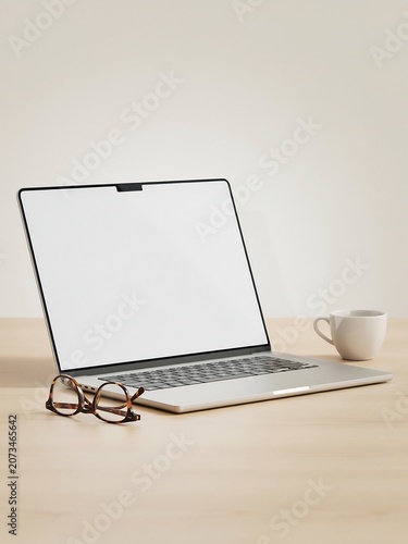 Blank laptop screen mockup on a table, 3d render