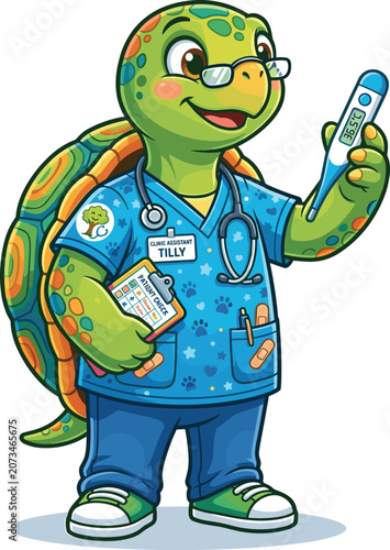 Colorful Frog Clinical Lab Worker Cartoon Mascot Vector Illustration, Drawing Blood Sample, Isolated on White Background