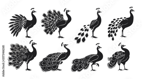 Elegant peacock silhouette collection, set of 8 decorative bird icons. Black peafowl illustrations with ornate feathers. Exotic wildlife vector graphics for logo design.
