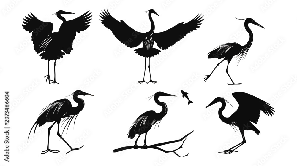 Obraz premium Heron silhouette vector set, black crane bird icons in various poses, elegant egret and stork illustrations for nature branding and wildlife logos