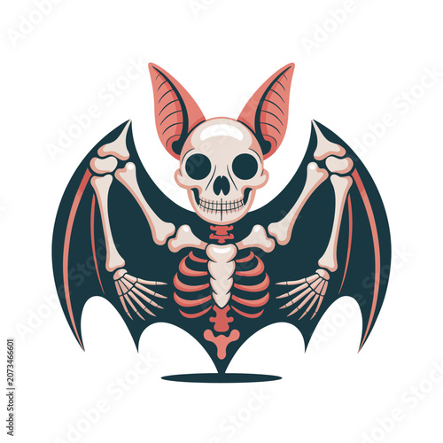 Tableau sur toile Spooky skeleton bat with bony wings and skull, halloween creature isolated on wh