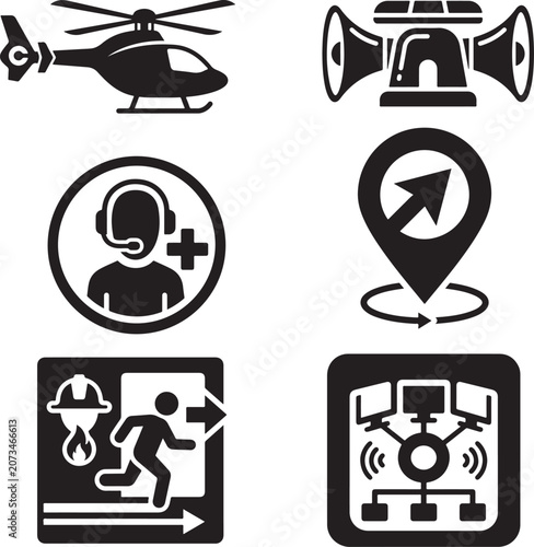 Emergency Services Silhouette Icons Set On White Background Including Helicopter And Fire Alarm