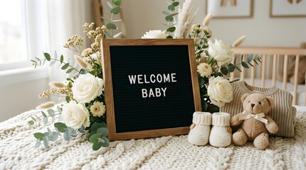 Newborn announcement with flowers teddy bear and letter board
