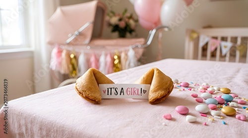 Baby shower fortune cookies with candy and pink decorations