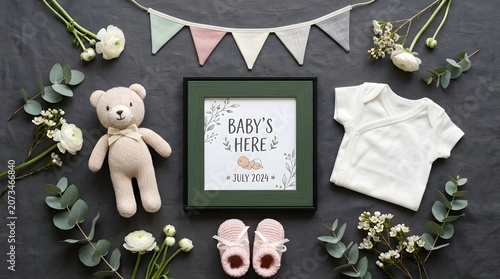 Baby announcement flat lay with teddy bear onesie and accessories