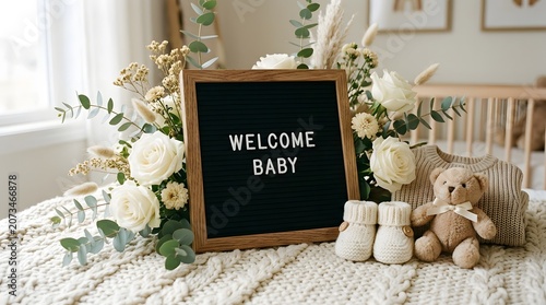 Newborn announcement with flowers teddy bear and letter board