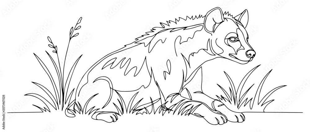 Fototapeta premium Hyena sitting in tall grass on African savannah continuous one line art drawing for wildlife nature and safari animal concept