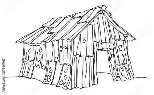 Old wooden shack or ramshackle hut made of planks continuous one line art drawing for poverty shelter and rustic simple life concept