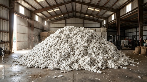 Large Pile of Raw Cotton in Industrial Warehouse Storage