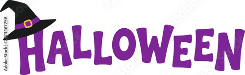 Purple halloween typography design with black witch hat and golden belt buckle.
