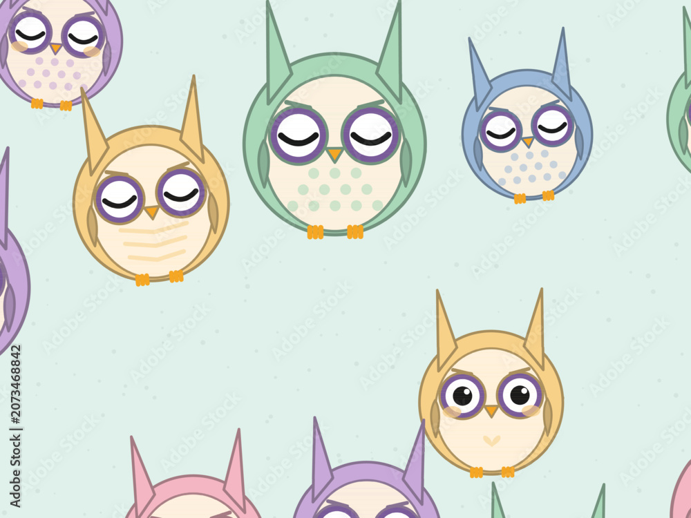 Fototapeta premium Cute Owl Faces Woodland Pattern Background
