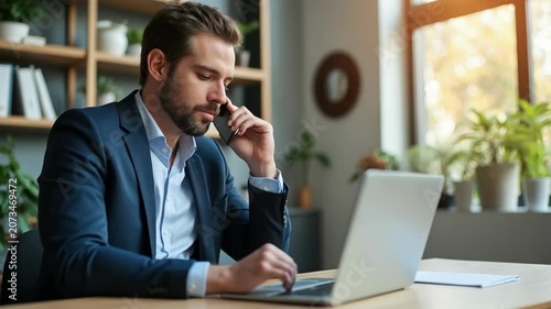 Male business trainer talking on phone while working with laptop in office.