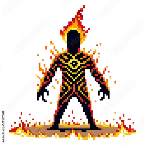A pixel art figure stands on a surface made of flames. The figure has a dark outline and bright patterns. Flames emerge from the head and body, creating a vivid scene