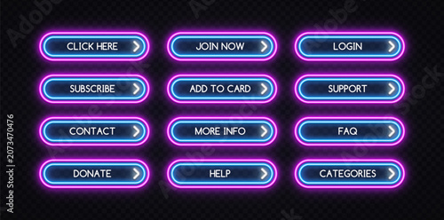 Set of neon dual-outline buttons in blue and pink with labels Click Here, Login, Subscribe and more. Cyberpunk-style UI kit for web, game or app design.