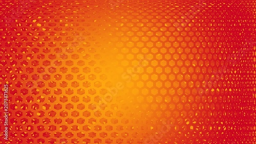 Abstract orange and red hexagonal grid background with center glow effect.